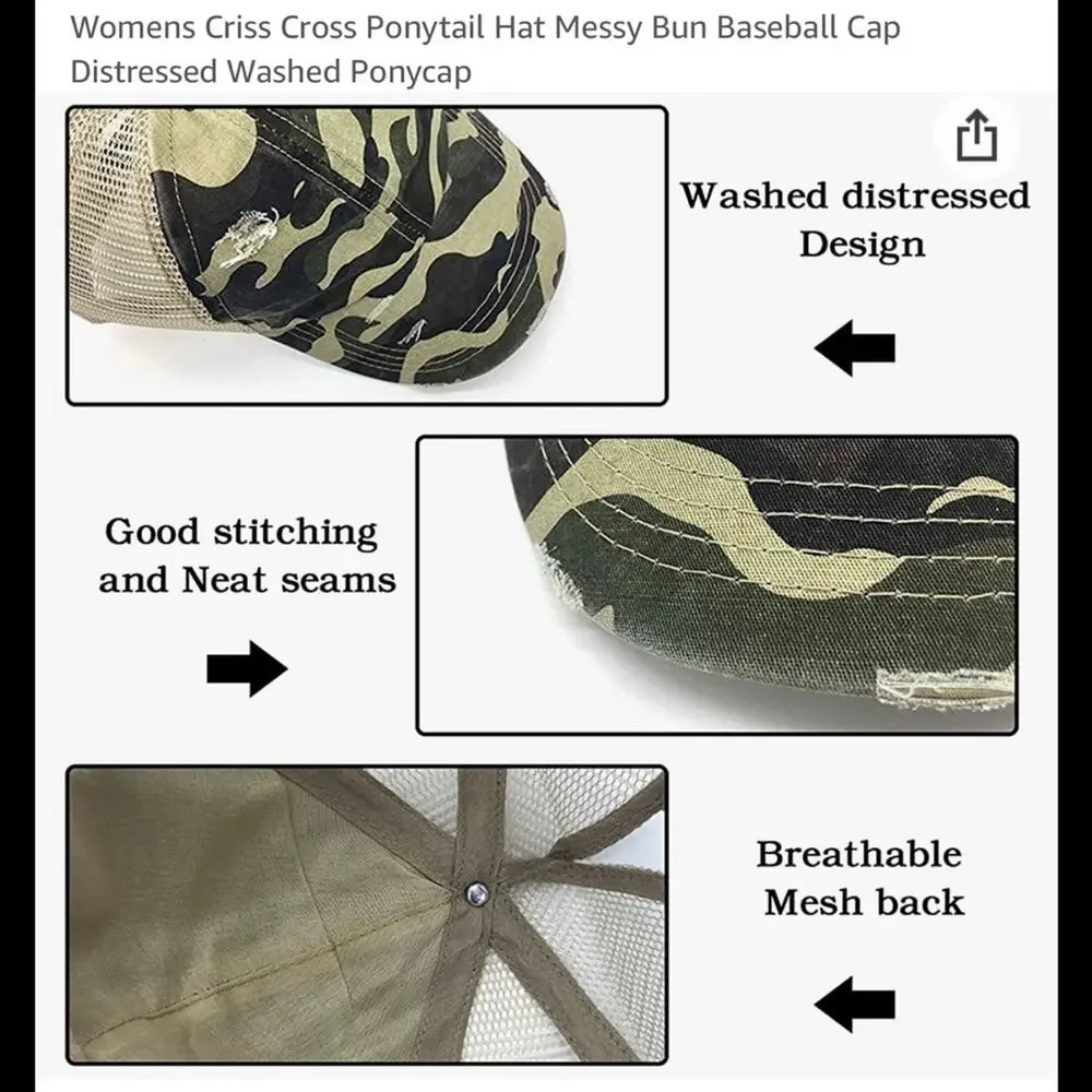 Camo Distressed NEW Baseball Hat Mesh Criss Cross High Pony Baseball Cap NEW